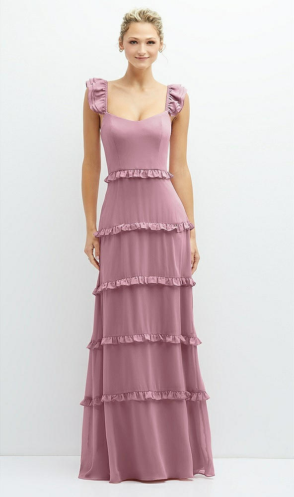 Front View - Dusty Pink Tiered Chiffon Maxi A-line Dress with Convertible Ruffle Straps