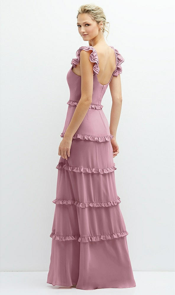 Back View - Dusty Pink Tiered Chiffon Maxi A-line Dress with Convertible Ruffle Straps