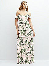 Alt View 1 Thumbnail - Palm Beach Print Tiered Chiffon Maxi A-line Dress with Convertible Ruffle Straps