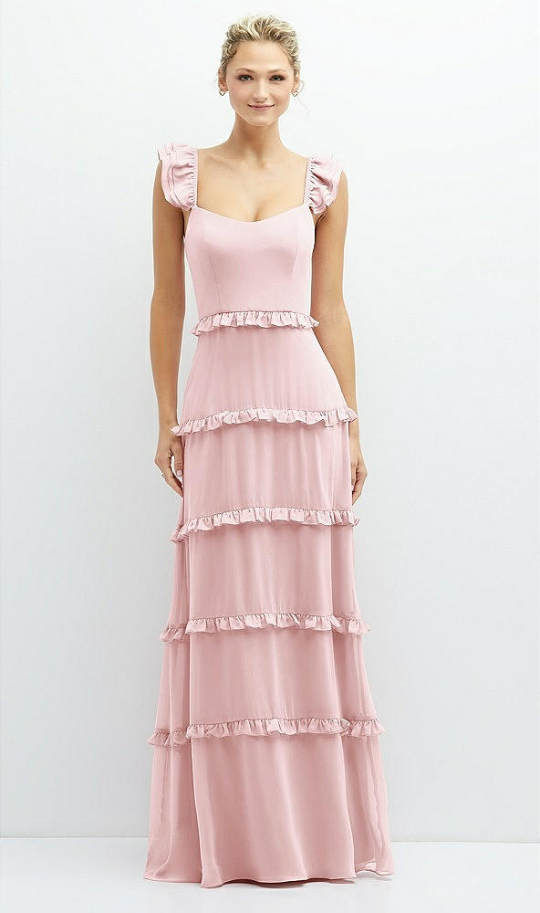Front View - Ballet Pink Tiered Chiffon Maxi A-line Dress with Convertible Ruffle Straps