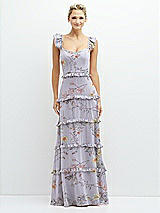 Front View Thumbnail - Butterfly Botanica Silver Dove Tiered Chiffon Maxi A-line Dress with Convertible Ruffle Straps