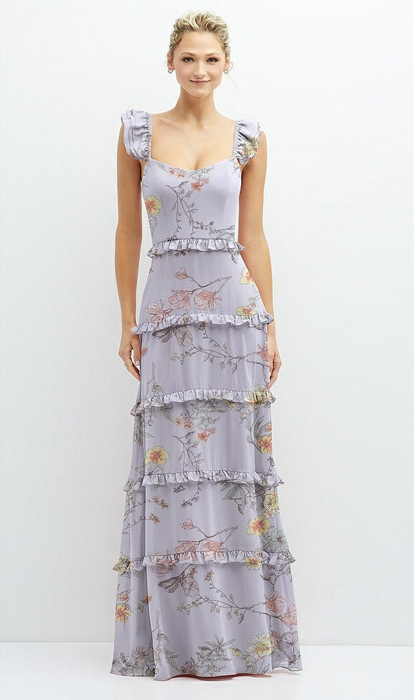 Front View - Butterfly Botanica Silver Dove Tiered Chiffon Maxi A-line Dress with Convertible Ruffle Straps