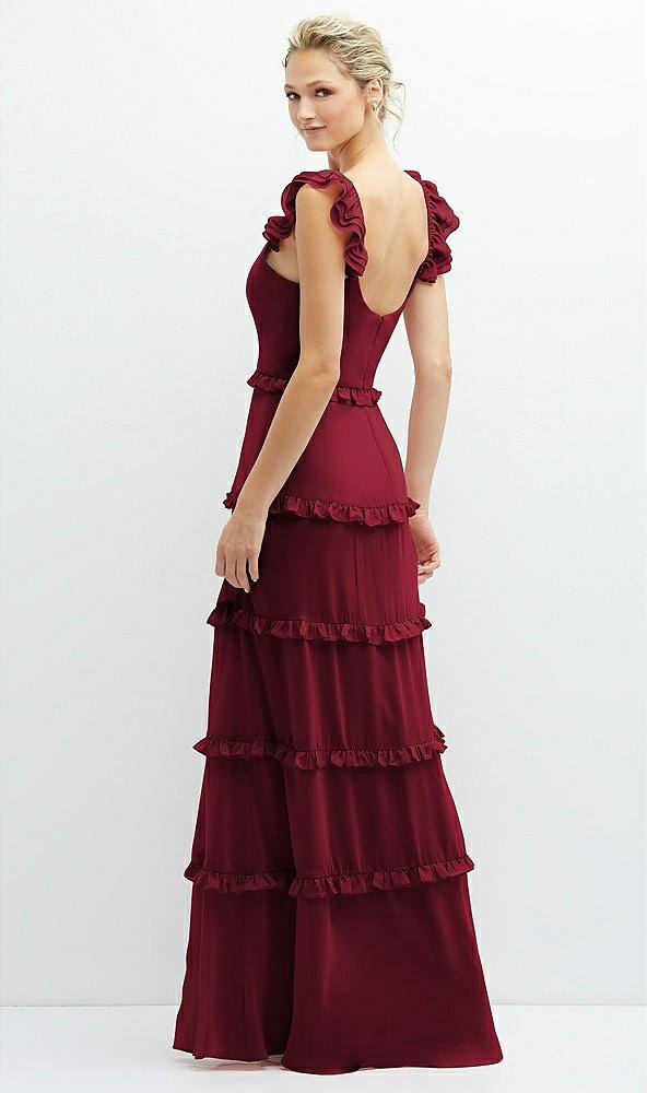 Back View - Burgundy Tiered Chiffon Maxi A-line Dress with Convertible Ruffle Straps