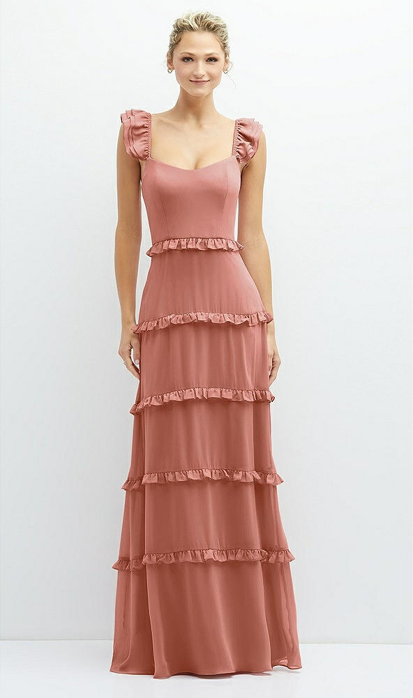 Front View - Desert Rose Tiered Chiffon Maxi A-line Dress with Convertible Ruffle Straps