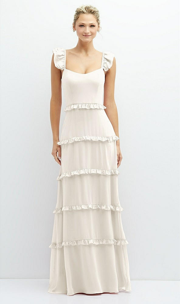 Front View - Ivory Tiered Chiffon Maxi A-line Dress with Convertible Ruffle Straps