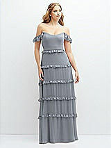 Alt View 1 Thumbnail - Platinum Tiered Chiffon Maxi A-line Dress with Convertible Ruffle Straps