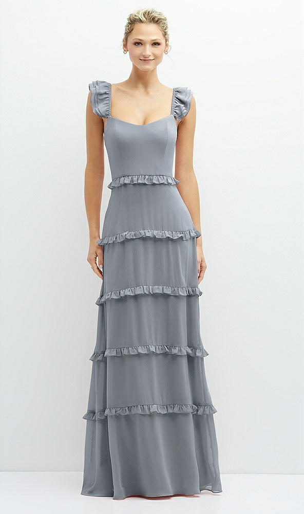 Front View - Platinum Tiered Chiffon Maxi A-line Dress with Convertible Ruffle Straps
