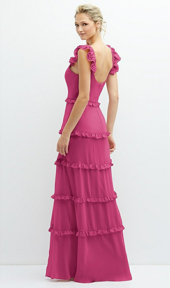 Back View - Tea Rose Tiered Chiffon Maxi A-line Dress with Convertible Ruffle Straps