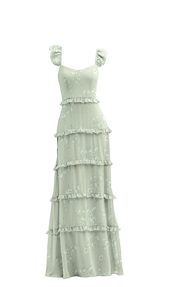 Front View - Vintage Primrose Sage Tiered Chiffon Maxi A-line Dress with Convertible Ruffle Straps