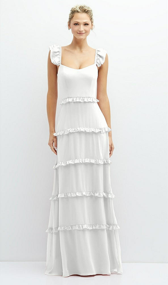 Front View - White Tiered Chiffon Maxi A-line Dress with Convertible Ruffle Straps