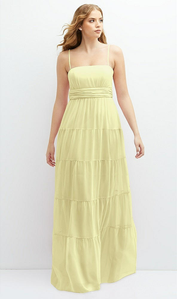 Front View - Butter Yellow Modern Regency Chiffon Tiered Maxi Dress with Tie-Back