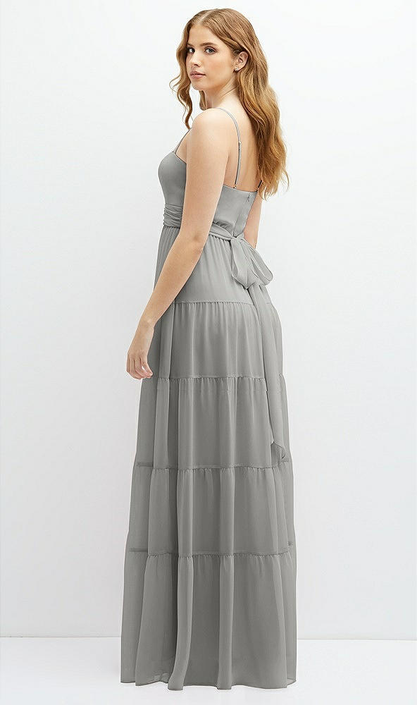 Back View - Chelsea Gray Modern Regency Chiffon Tiered Maxi Dress with Tie-Back
