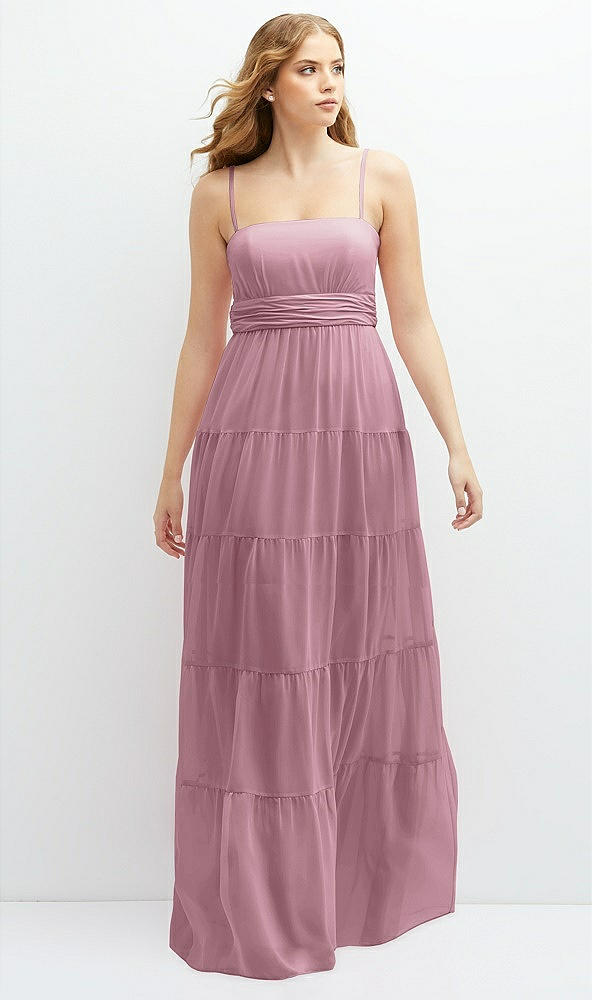 Front View - Dusty Pink Modern Regency Chiffon Tiered Maxi Dress with Tie-Back