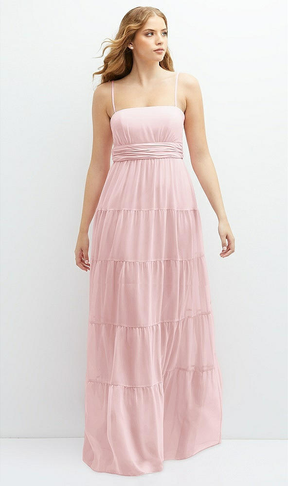 Front View - Ballet Pink Modern Regency Chiffon Tiered Maxi Dress with Tie-Back