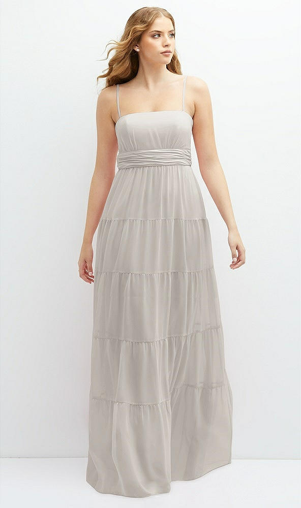 Front View - Oyster Modern Regency Chiffon Tiered Maxi Dress with Tie-Back