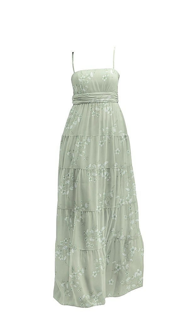 Front View - Vintage Primrose Sage Modern Regency Chiffon Tiered Maxi Dress with Tie-Back