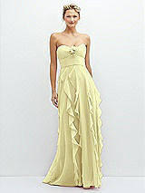 Front View Thumbnail - Butter Yellow Strapless Vertical Ruffle Chiffon Maxi Dress with Flower Detail