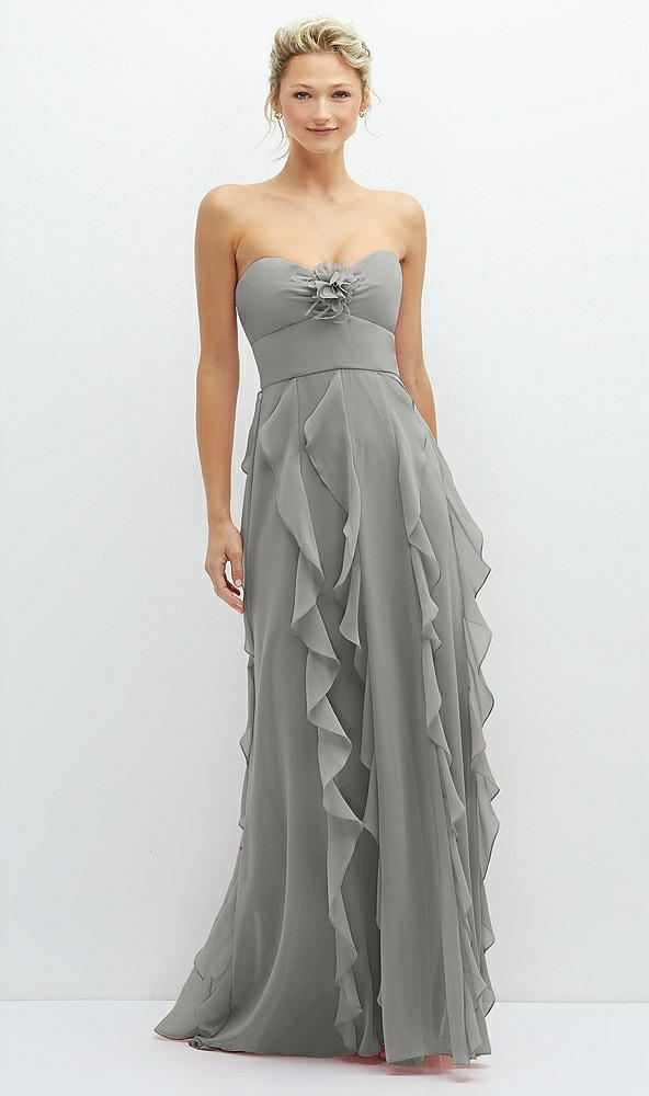 Front View - Chelsea Gray Strapless Vertical Ruffle Chiffon Maxi Dress with Flower Detail
