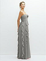 Side View Thumbnail - Chelsea Gray Strapless Vertical Ruffle Chiffon Maxi Dress with Flower Detail