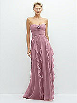 Front View Thumbnail - Dusty Pink Strapless Vertical Ruffle Chiffon Maxi Dress with Flower Detail