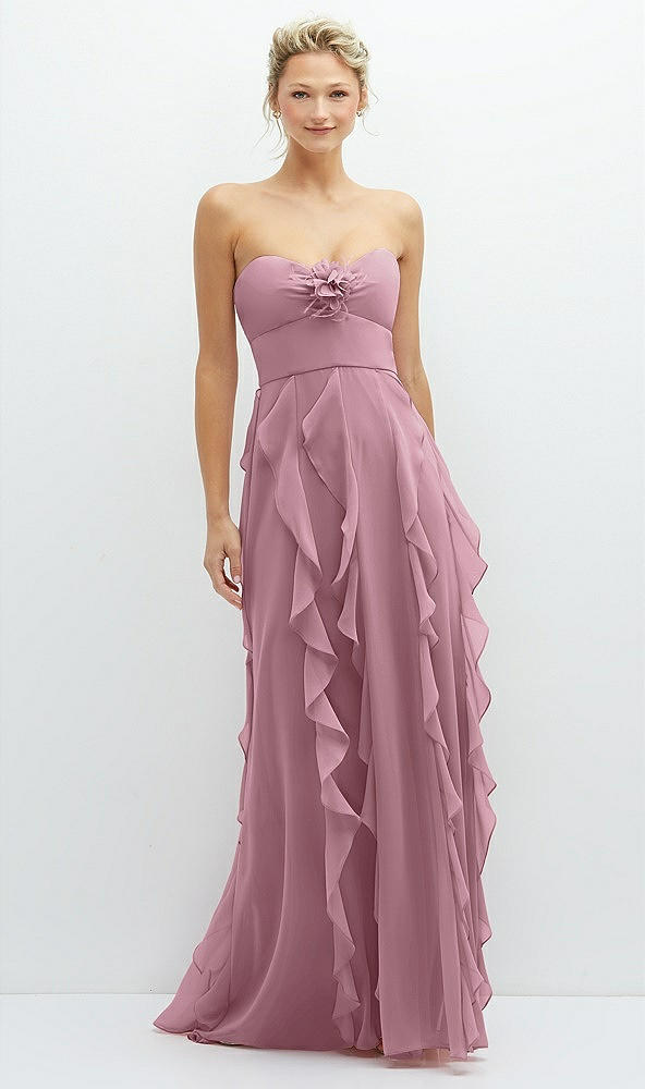 Front View - Dusty Pink Strapless Vertical Ruffle Chiffon Maxi Dress with Flower Detail