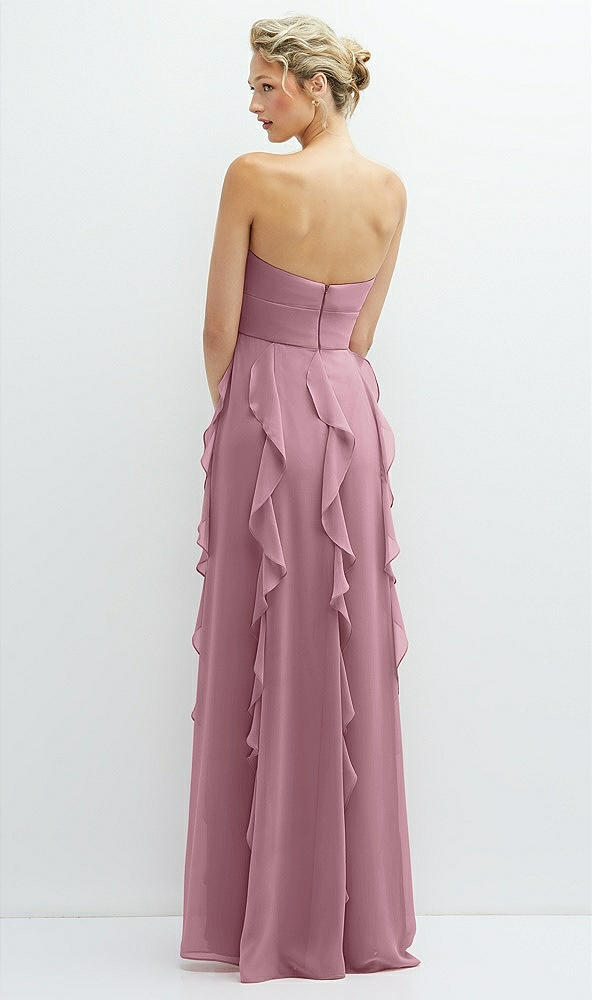 Back View - Dusty Pink Strapless Vertical Ruffle Chiffon Maxi Dress with Flower Detail