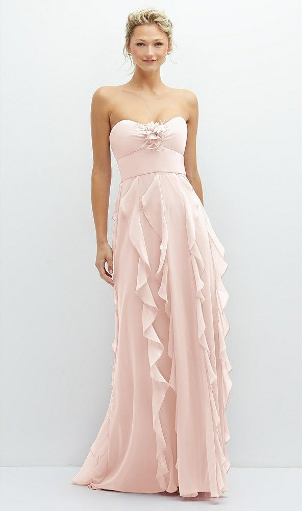 Front View - Blush Strapless Vertical Ruffle Chiffon Maxi Dress with Flower Detail