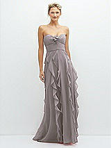 Front View Thumbnail - Cashmere Gray Strapless Vertical Ruffle Chiffon Maxi Dress with Flower Detail