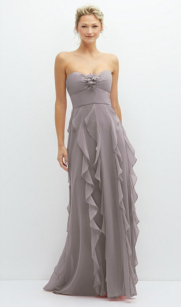 Front View - Cashmere Gray Strapless Vertical Ruffle Chiffon Maxi Dress with Flower Detail