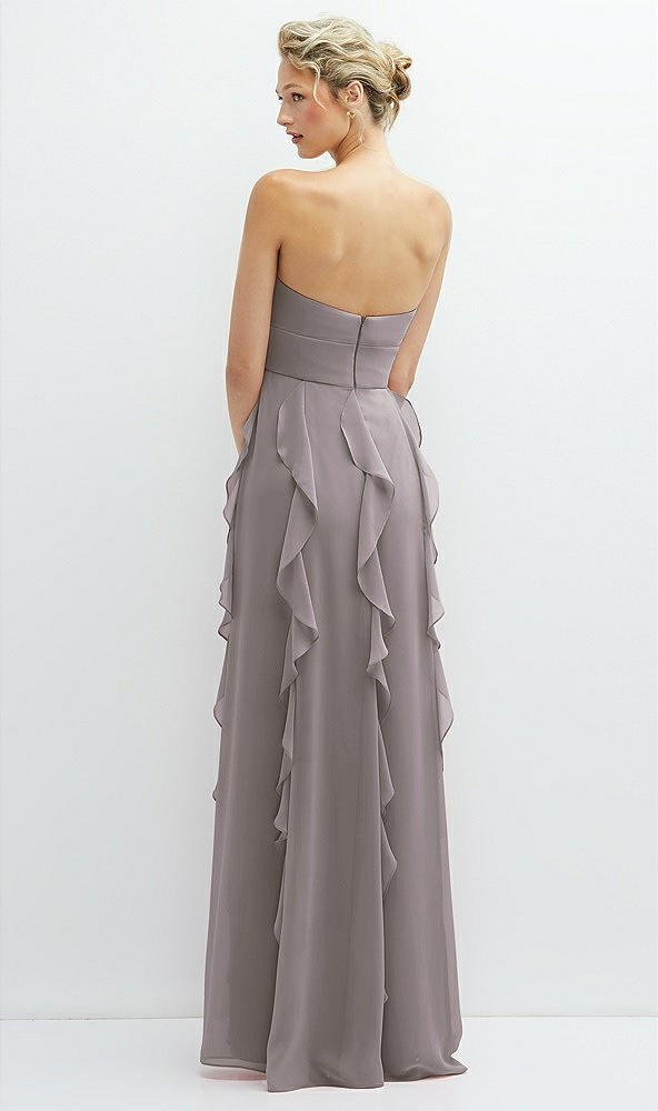 Back View - Cashmere Gray Strapless Vertical Ruffle Chiffon Maxi Dress with Flower Detail