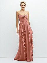 Front View Thumbnail - Desert Rose Strapless Vertical Ruffle Chiffon Maxi Dress with Flower Detail