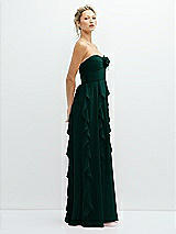 Side View Thumbnail - Evergreen Strapless Vertical Ruffle Chiffon Maxi Dress with Flower Detail