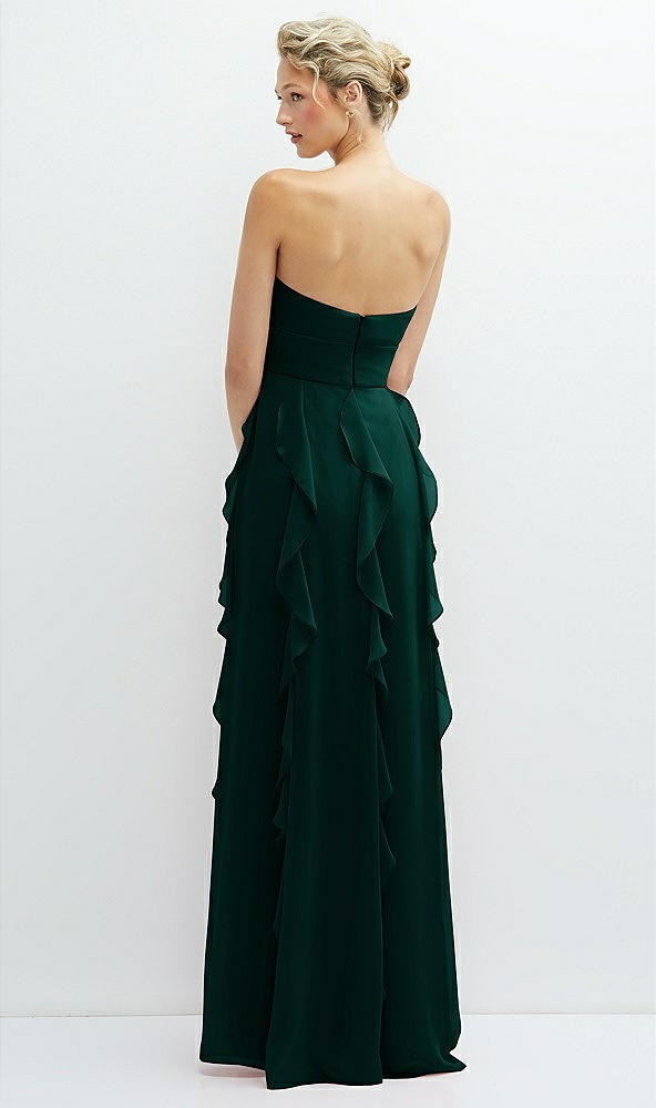 Back View - Evergreen Strapless Vertical Ruffle Chiffon Maxi Dress with Flower Detail