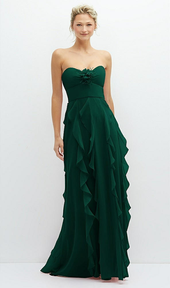 Front View - Hunter Green Strapless Vertical Ruffle Chiffon Maxi Dress with Flower Detail