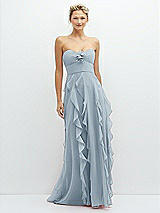 Front View Thumbnail - Mist Strapless Vertical Ruffle Chiffon Maxi Dress with Flower Detail