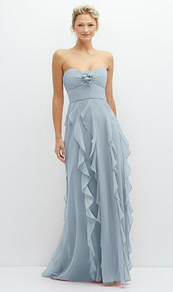 Front View - Mist Strapless Vertical Ruffle Chiffon Maxi Dress with Flower Detail