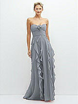 Front View Thumbnail - Platinum Strapless Vertical Ruffle Chiffon Maxi Dress with Flower Detail
