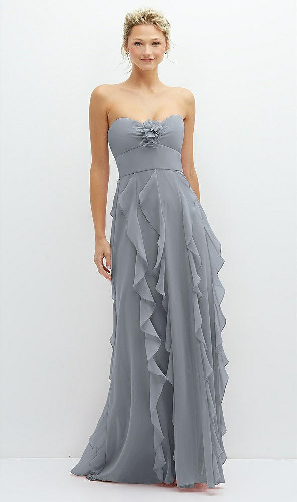 Front View - Platinum Strapless Vertical Ruffle Chiffon Maxi Dress with Flower Detail