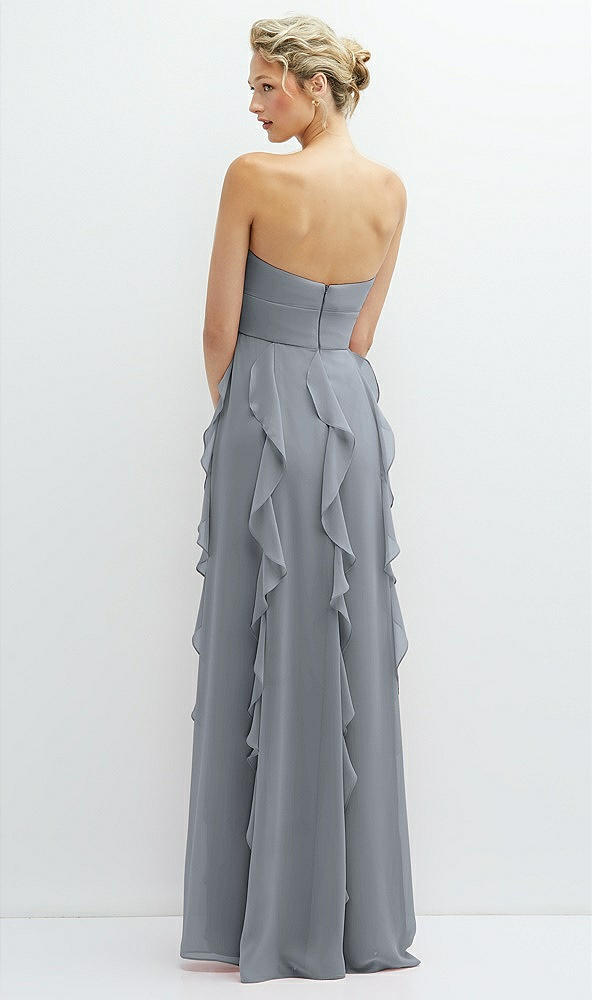 Back View - Platinum Strapless Vertical Ruffle Chiffon Maxi Dress with Flower Detail