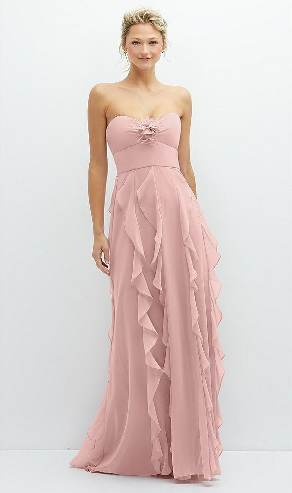 Front View - Rose - PANTONE Rose Quartz Strapless Vertical Ruffle Chiffon Maxi Dress with Flower Detail