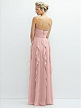 Rear View Thumbnail - Rose - PANTONE Rose Quartz Strapless Vertical Ruffle Chiffon Maxi Dress with Flower Detail