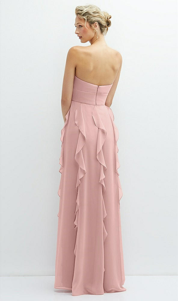 Back View - Rose - PANTONE Rose Quartz Strapless Vertical Ruffle Chiffon Maxi Dress with Flower Detail