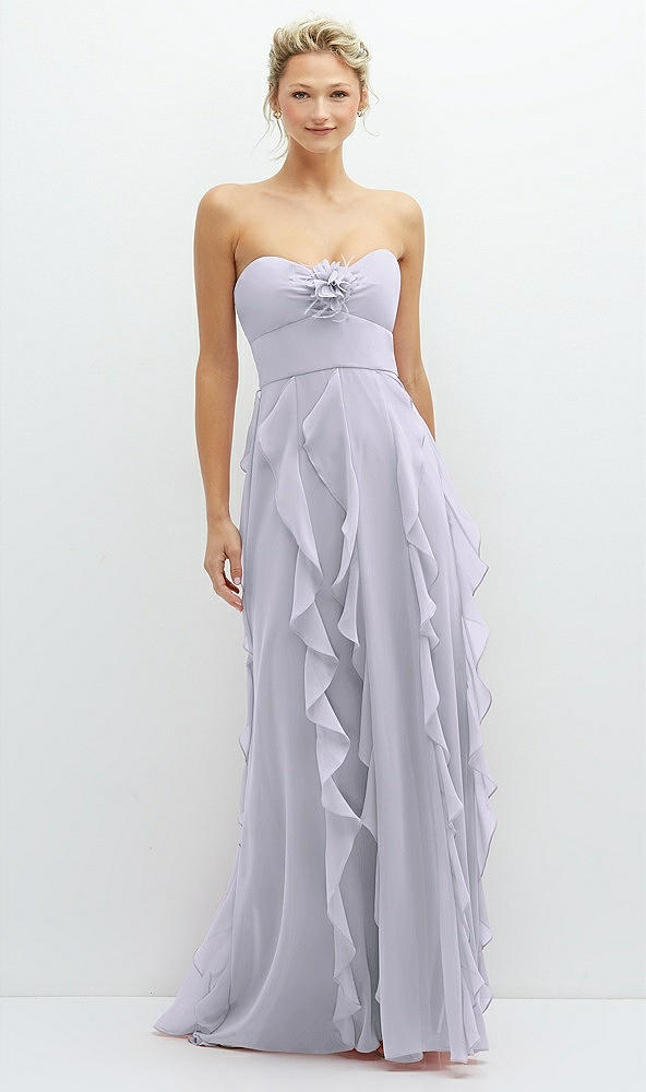 Front View - Silver Dove Strapless Vertical Ruffle Chiffon Maxi Dress with Flower Detail