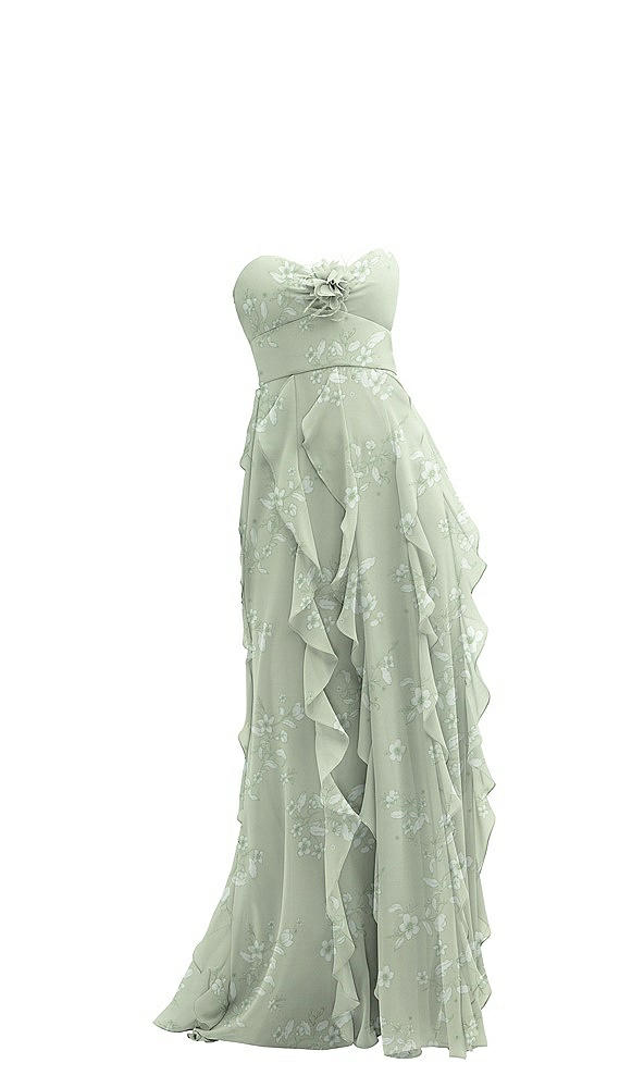 Front View - Vintage Primrose Sage Strapless Vertical Ruffle Chiffon Maxi Dress with Flower Detail