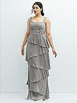 Front View Thumbnail - Chelsea Gray Asymmetrical Tiered Ruffle Chiffon Maxi Dress with Handworked Flowers Detail