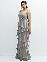 Side View Thumbnail - Chelsea Gray Asymmetrical Tiered Ruffle Chiffon Maxi Dress with Handworked Flowers Detail