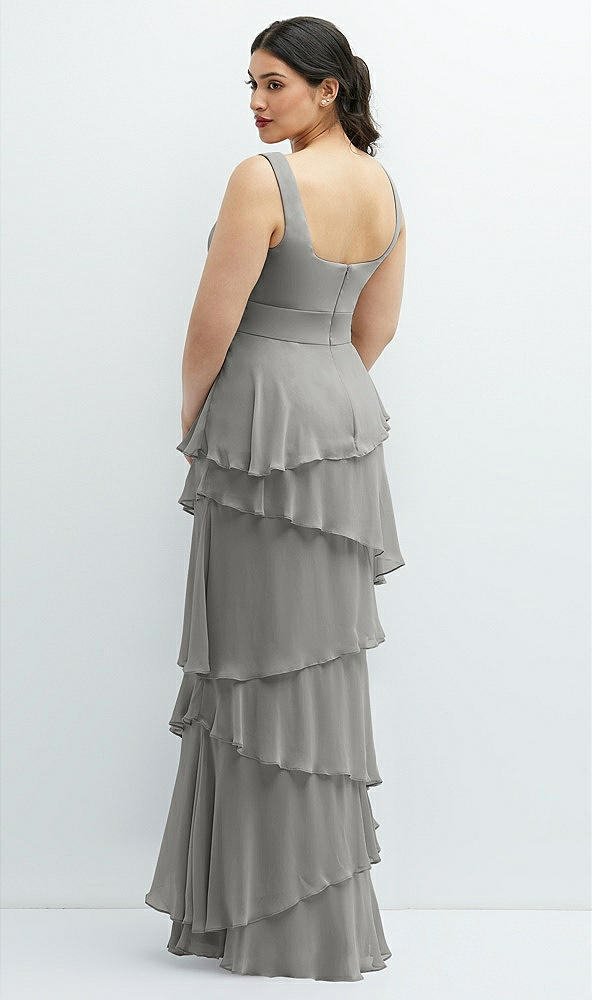Back View - Chelsea Gray Asymmetrical Tiered Ruffle Chiffon Maxi Dress with Handworked Flowers Detail