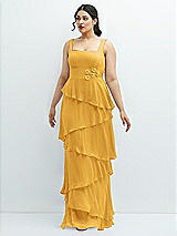 Front View Thumbnail - NYC Yellow Asymmetrical Tiered Ruffle Chiffon Maxi Dress with Handworked Flowers Detail