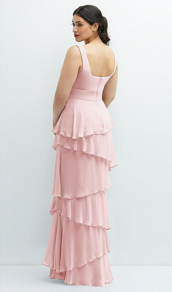 Back View - Ballet Pink Asymmetrical Tiered Ruffle Chiffon Maxi Dress with Handworked Flowers Detail