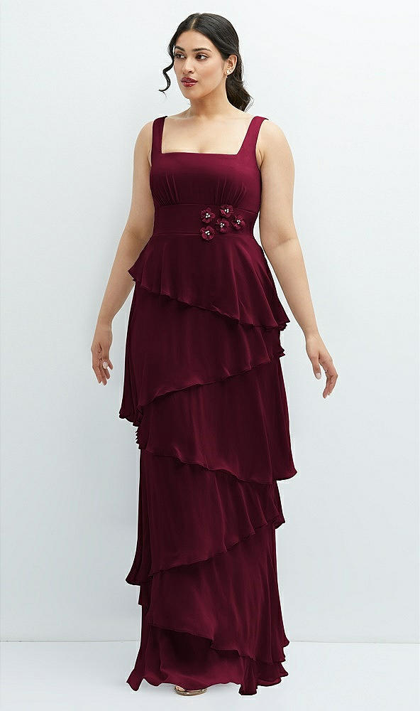 Front View - Cabernet Asymmetrical Tiered Ruffle Chiffon Maxi Dress with Handworked Flowers Detail